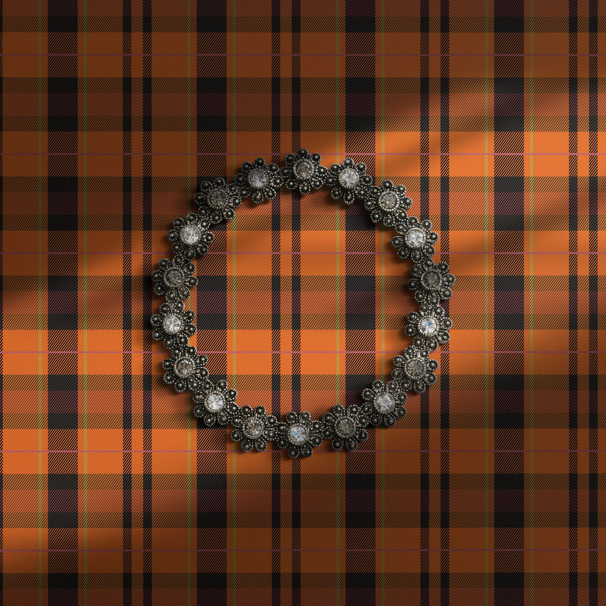 Bright orange plaid wallpaper.