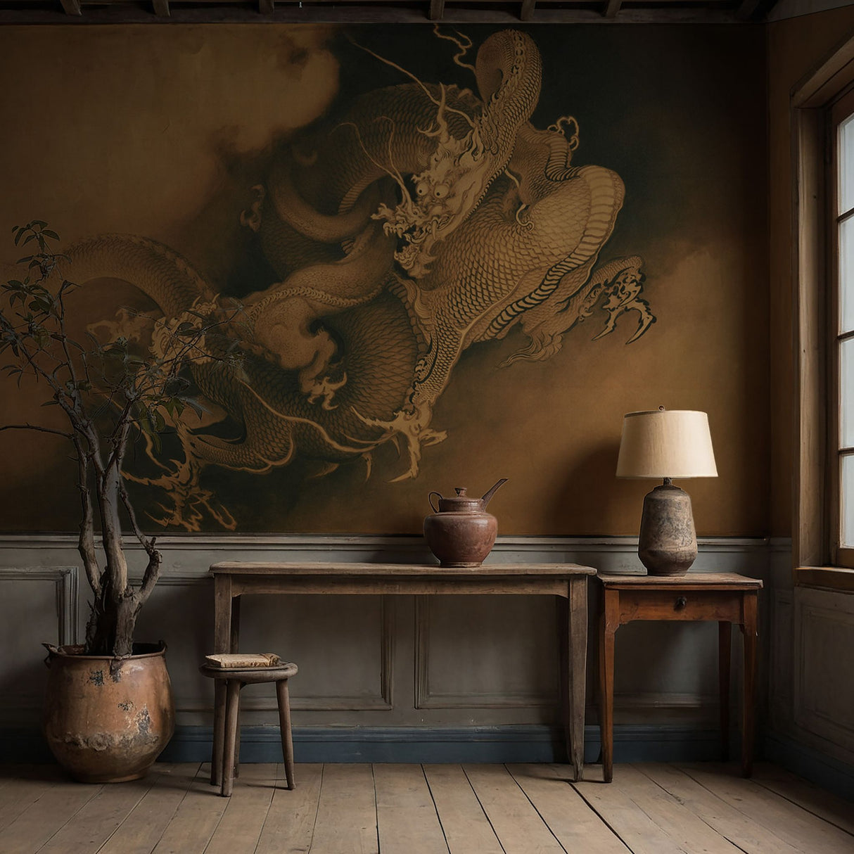 Moody Mythical Brown Japanese Wallpaper Mural {Two Dragons in Clouds} Wallpaper Mural Sckribbles