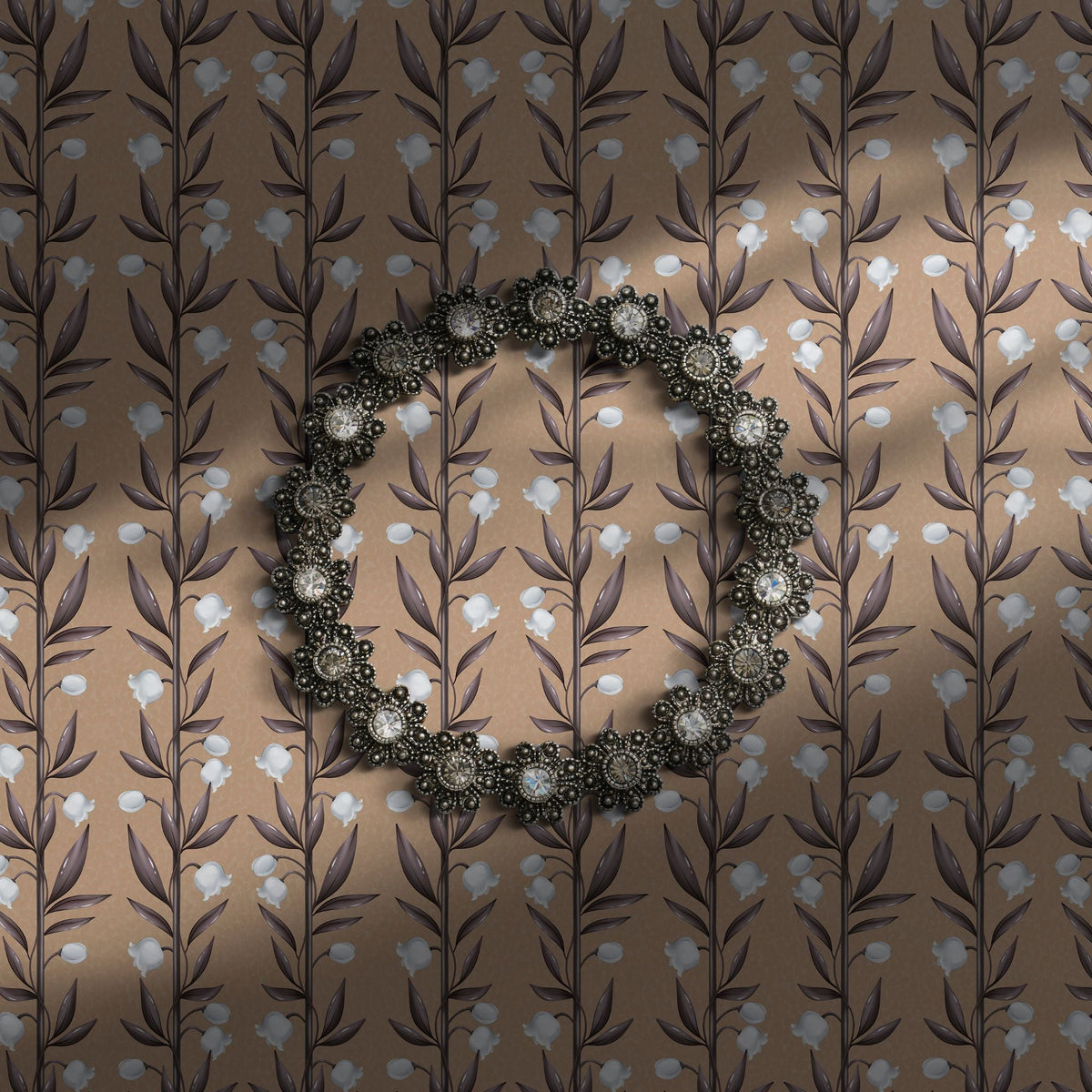 Brown striped floral wallpaper.