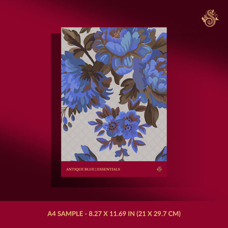Blue and brown floral wallpaper sample.