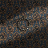 Navy blue vintage wallpaper with antique-style birds, berries, and florals.