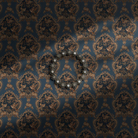 Navy blue vintage wallpaper with antique-style birds, berries, and florals.