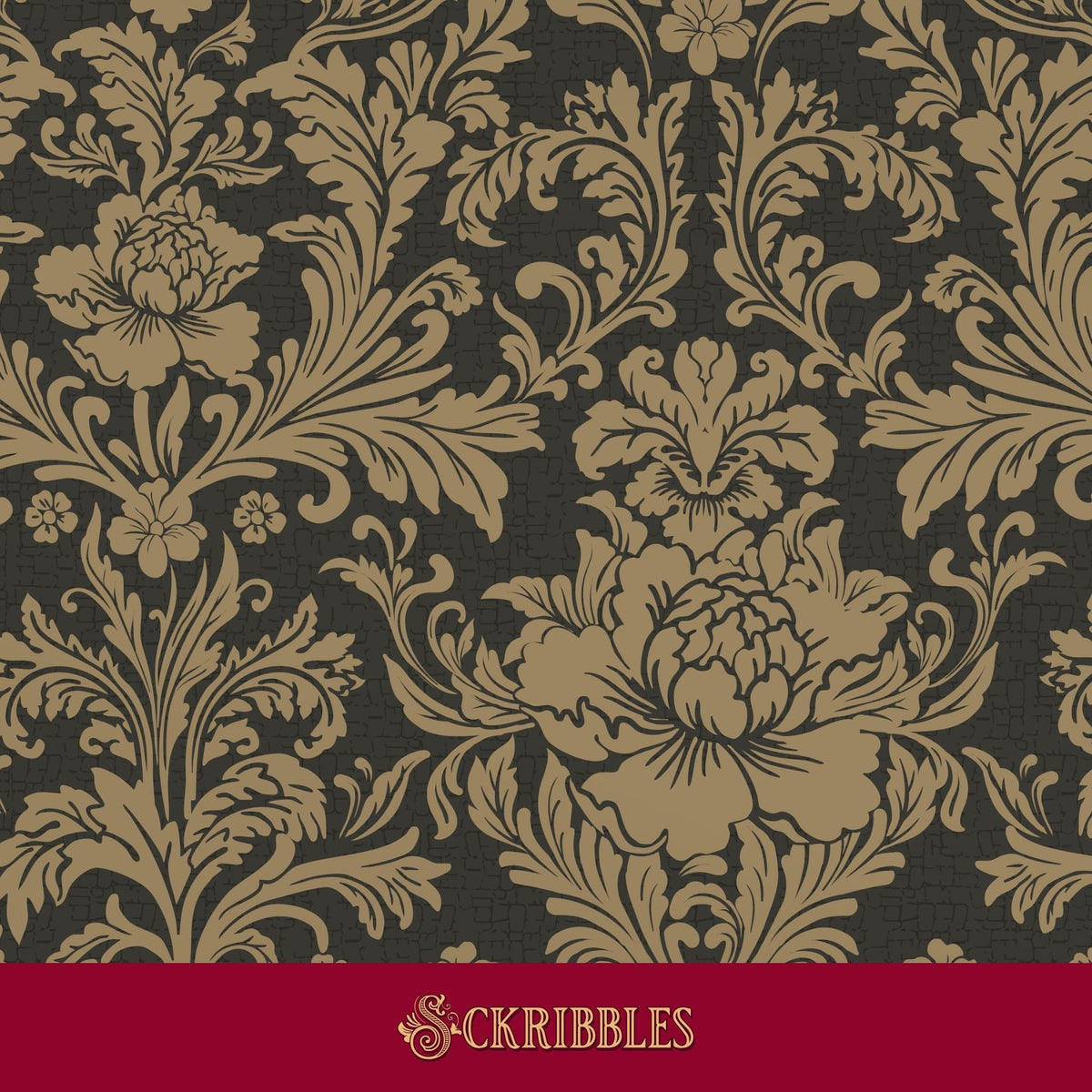 Traditional brown damask wallpaper on a dark background.