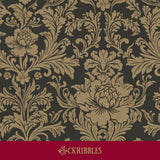 Traditional brown damask wallpaper on a dark background.