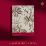 A4 sample sheet of wallpaper featuring a classic toile de Jouy pattern with palm trees, a leopard, and birds in dark brown on a warm beige background.