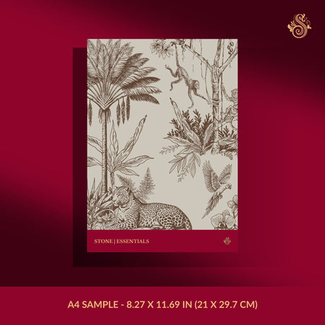 A4 sample sheet of wallpaper featuring a classic toile de Jouy pattern with palm trees, a leopard, and birds in dark brown on a warm beige background.