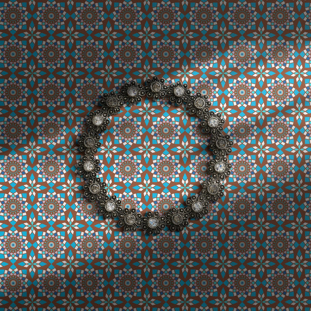 Brown and blue tiled wallpaper.