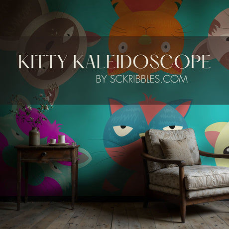 Bright Colorful Fun Cats Wallpaper Mural {Kitty Kaleidoscope} Wallpaper Mural Sckribbles