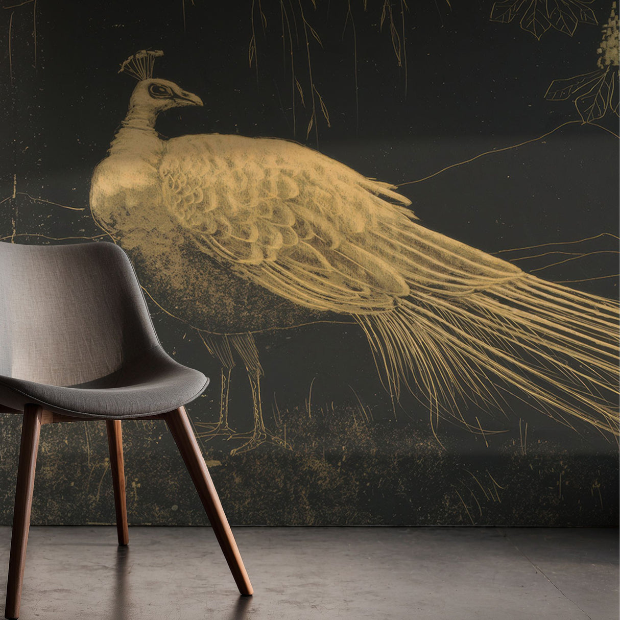 Dark Moody Vintage Bird Wallpaper Mural {Charcoal Peacock} Wallpaper Mural Sckribbles