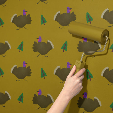 Fun Chartreuse Turkey Children's Nursery Wallpaper {Gobble Tales} Wallpaper Sckribbles