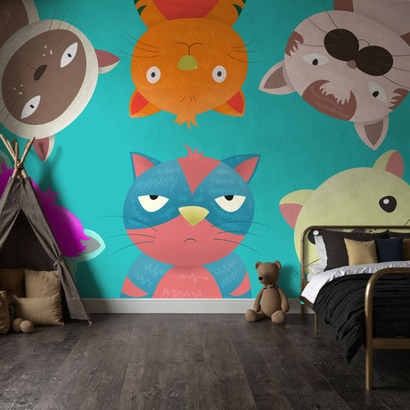 Bright Colorful Fun Cats Wallpaper Mural {Kitty Kaleidoscope} Wallpaper Mural Sckribbles