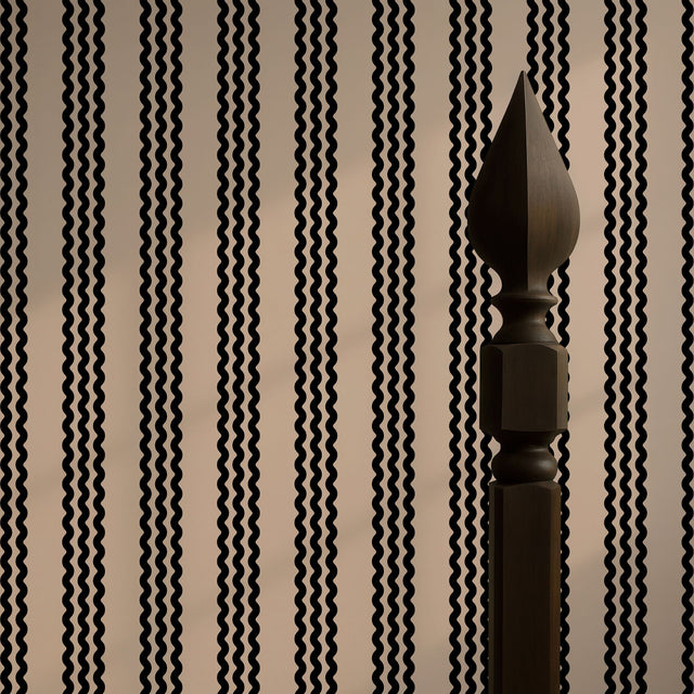 Twist & Turn | Black & Beige Wavy Vertical Striped Wallpaper Wallpaper Sckribbles
