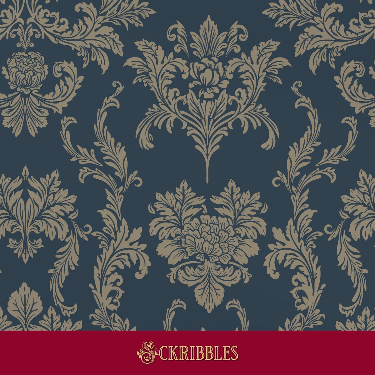 Classic navy blue damask wallpaper.