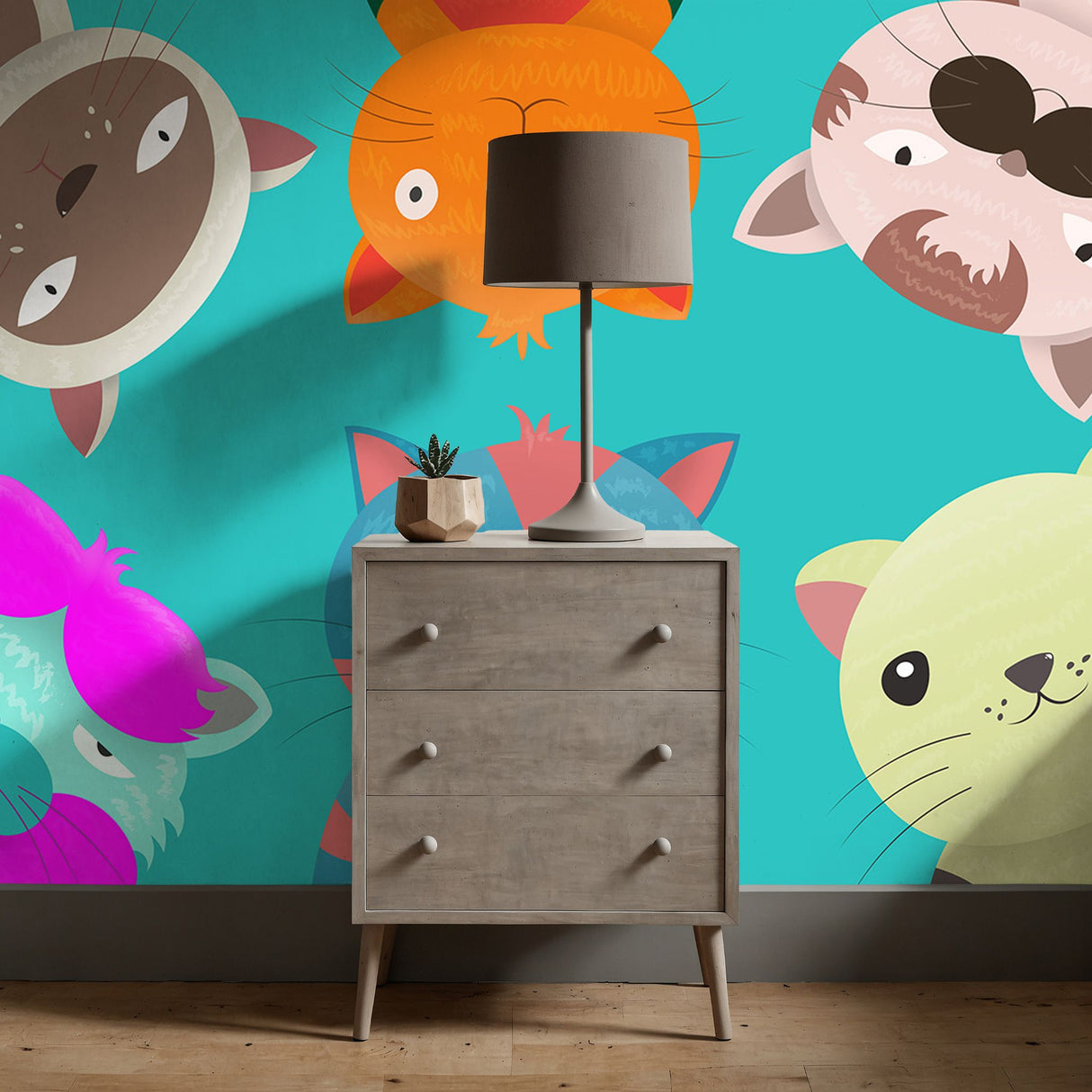 Bright Colorful Fun Cats Wallpaper Mural {Kitty Kaleidoscope} Wallpaper Mural Sckribbles