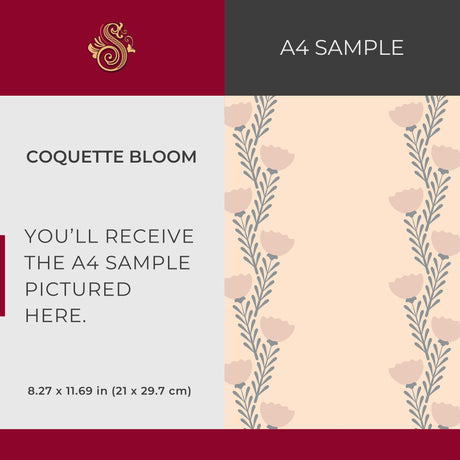 Coquette Bloom | Sweet Feminine Pink Striped Floral Wallpaper Wallpaper Sckribbles Signature - Premium Non-Woven A4 Sample - 8.3 × 11.7 in (21 × 29.7 cm)