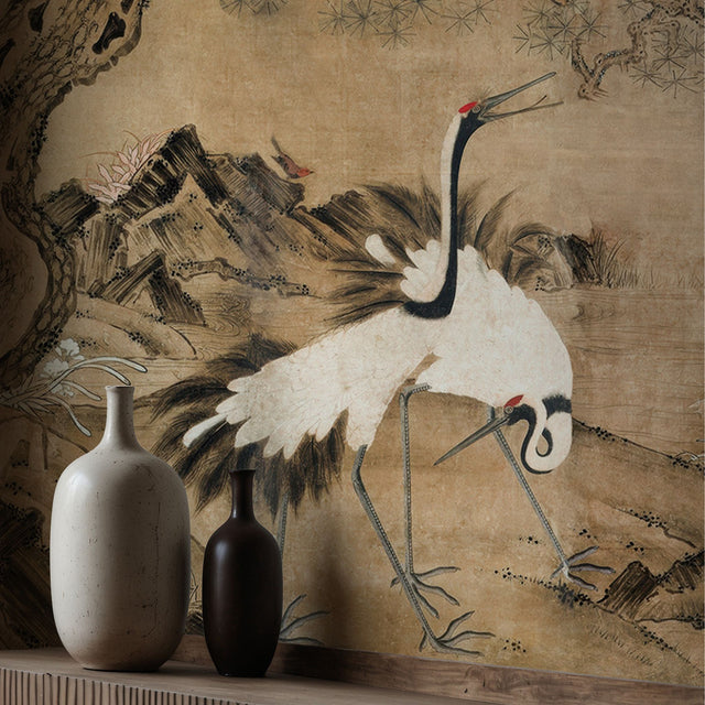 Vintage Antique Japanese Cranes Wallpaper Mural {Gruidae Garden} Wallpaper Mural Sckribbles