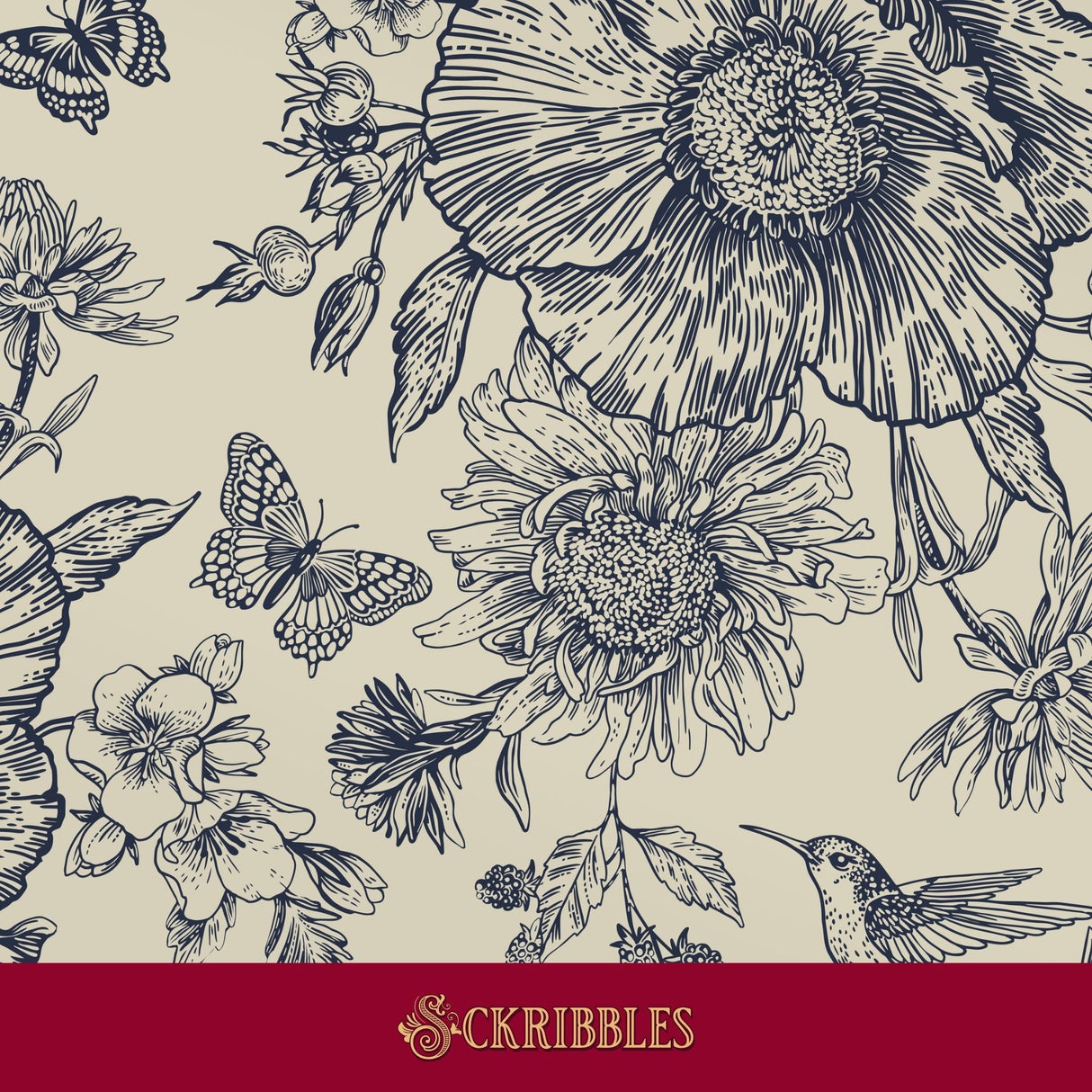 Cream and blue floral wallpaper with hummingbirds, butterflies, and berries.