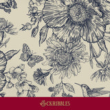 Cream and blue floral wallpaper with hummingbirds, butterflies, and berries.