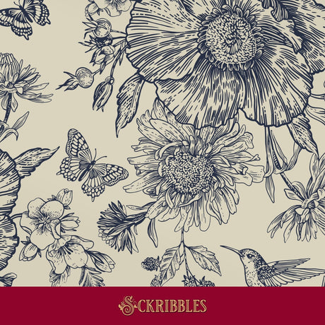 Cream and blue floral wallpaper with hummingbirds, butterflies, and berries.