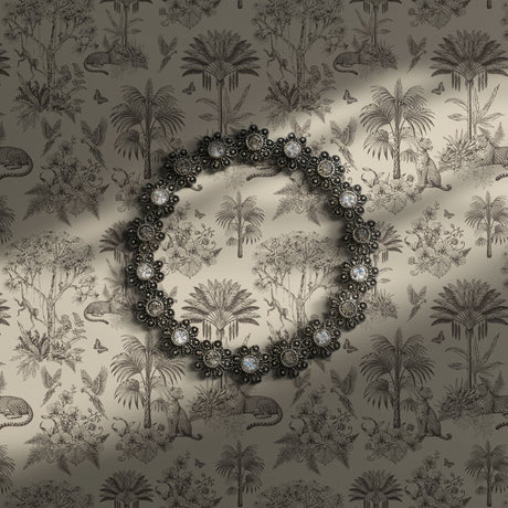 Cream and brown toile wallpaper featuring palm trees and jungle motifs.