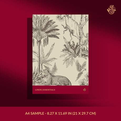 A4 sample wallpaper featuring a classic toile de Jouy pattern with palm trees, a leopard, and birds in brown line art on a warm cream background.