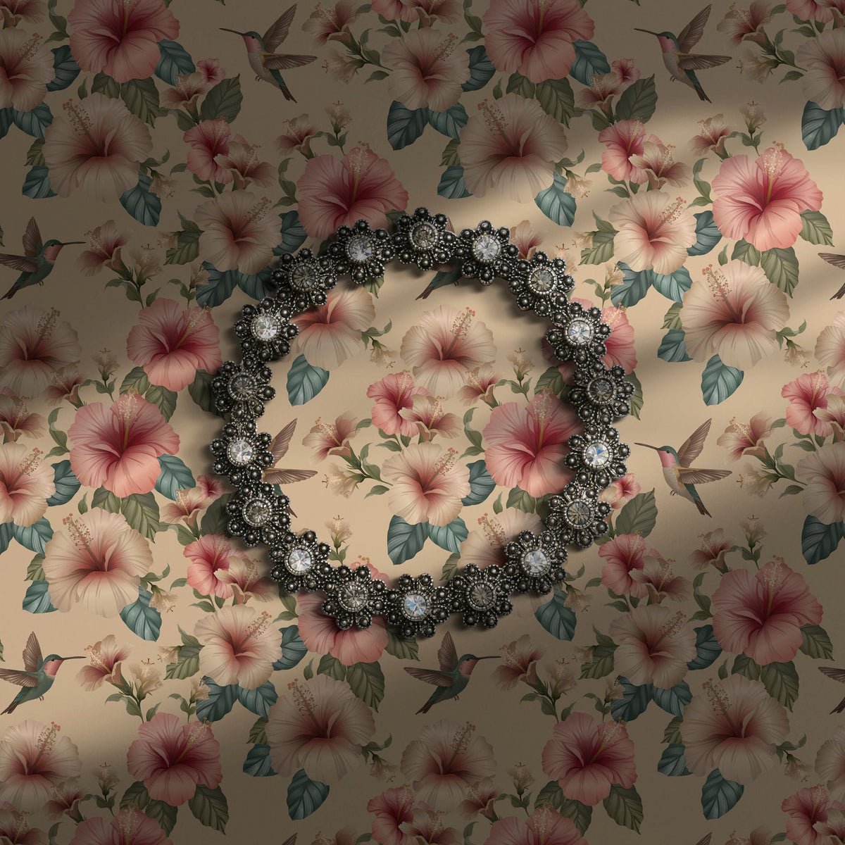 Cream and pink floral tropical wallpaper.