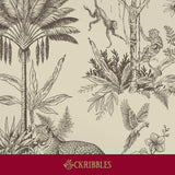 A brown vintage-style botanical and animal wallpaper on a cream background, featuring palm trees, monkeys, a leopard, a parrot, and flowers. 