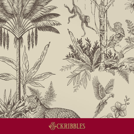 A brown vintage-style botanical and animal wallpaper on a cream background, featuring palm trees, monkeys, a leopard, a parrot, and flowers. 