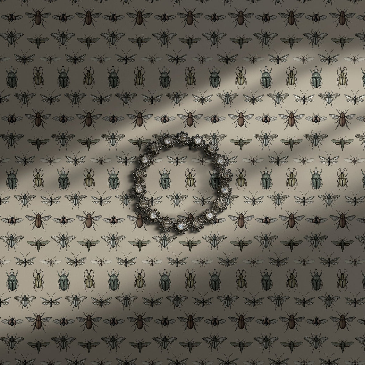 Cream vintage insect wallpaper.