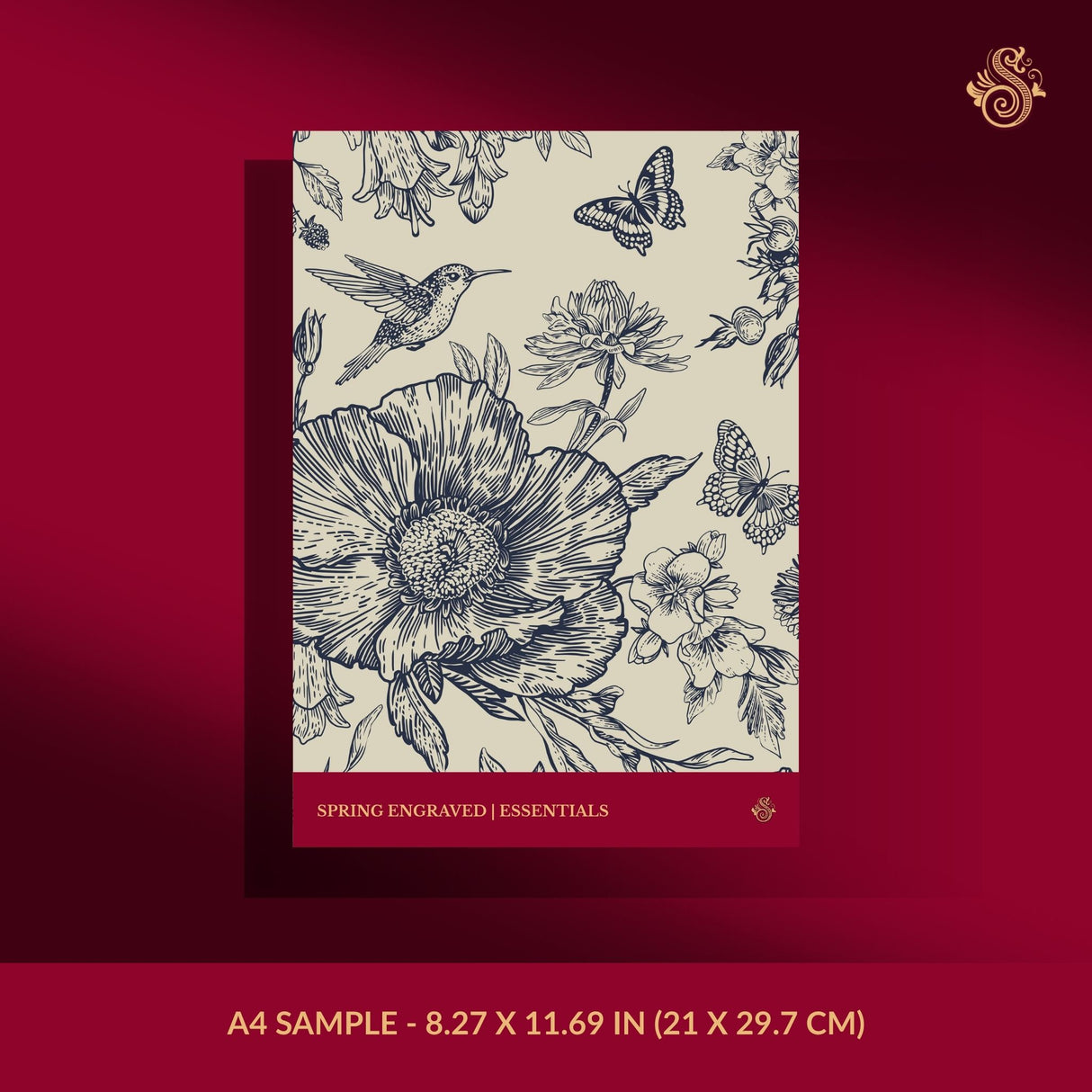 Feminine cream wallpaper sample with flowers, hummingbirds, and butterflies.