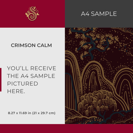 Serene Ascend | Moody Botanical Scenic Asian Wallpaper Wallpaper Sckribbles Signature - Premium Non-Woven A4 Sample - 8.3 × 11.7 in (21 × 29.7 cm) Crimson Calm