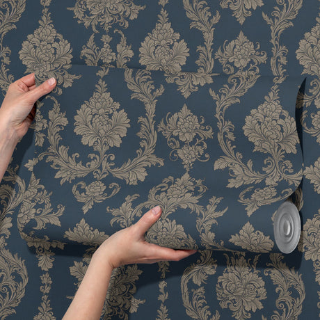 Vintage Blue and Cream Damask Wallpaper {Navy Manor} Wallpaper Sckribbles   