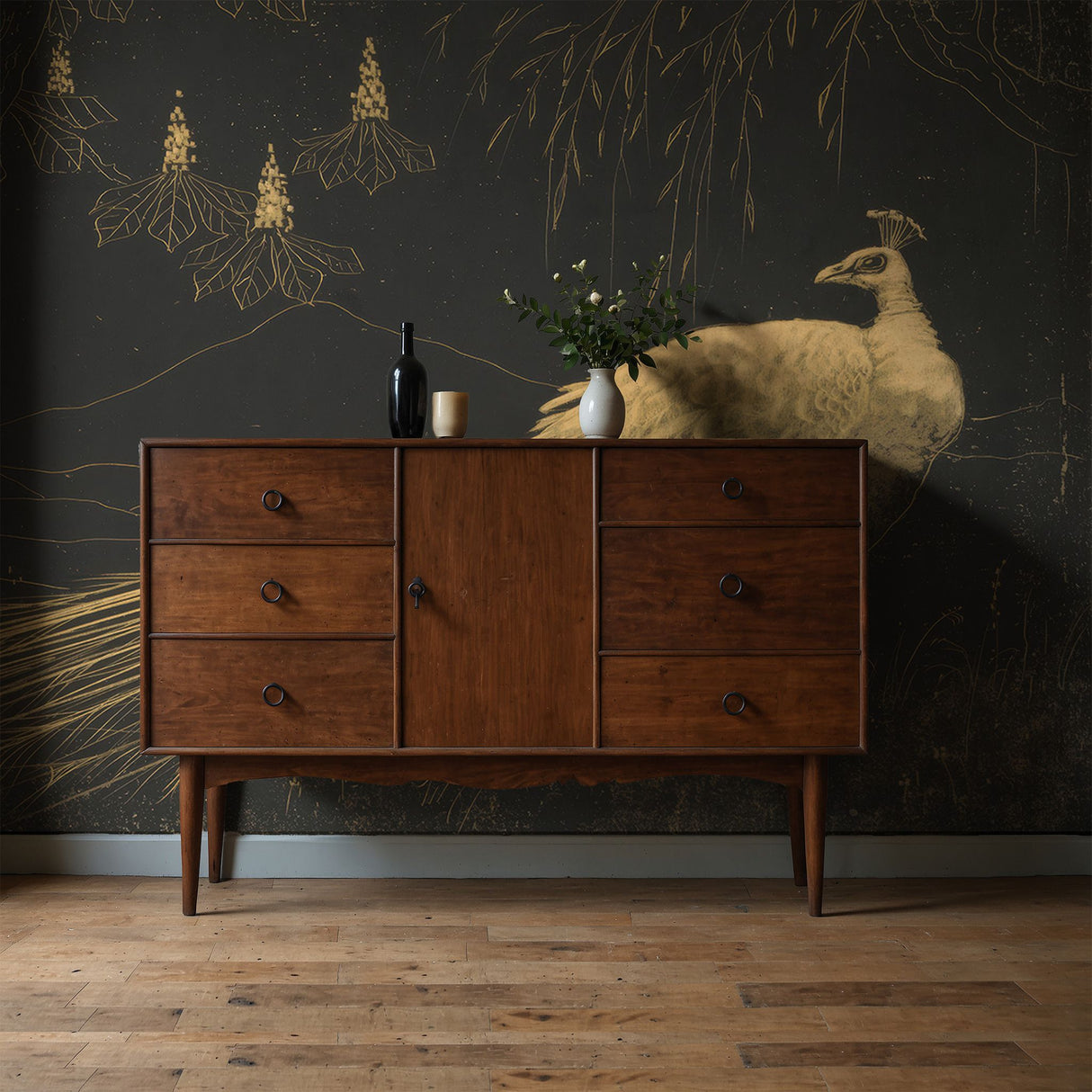 Dark Moody Vintage Bird Wallpaper Mural {Charcoal Peacock} Wallpaper Mural Sckribbles