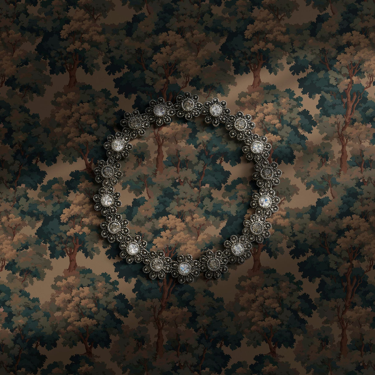 Dark and moody Aubusson tapestry-inspired tree wallpaper.