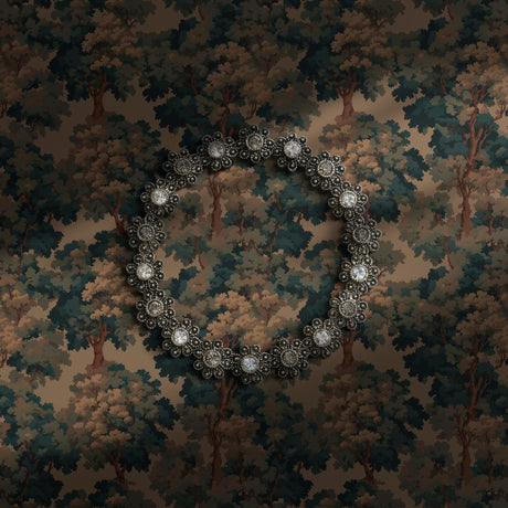 Dark and moody Aubusson tapestry-inspired tree wallpaper.