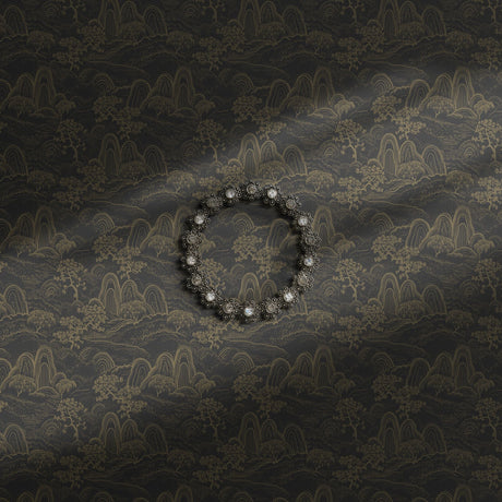 Dark and moody brown Asian-inspired botanical wallpaper.