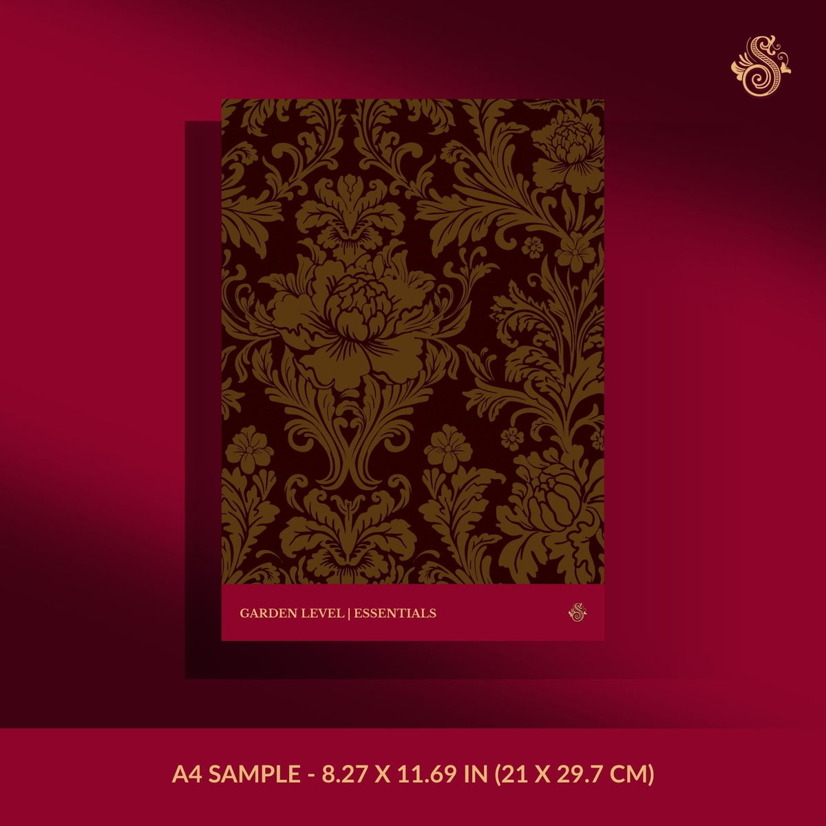 Dark moody terracotta brown damask wallpaper sample.