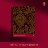 Dark moody terracotta brown damask wallpaper sample.
