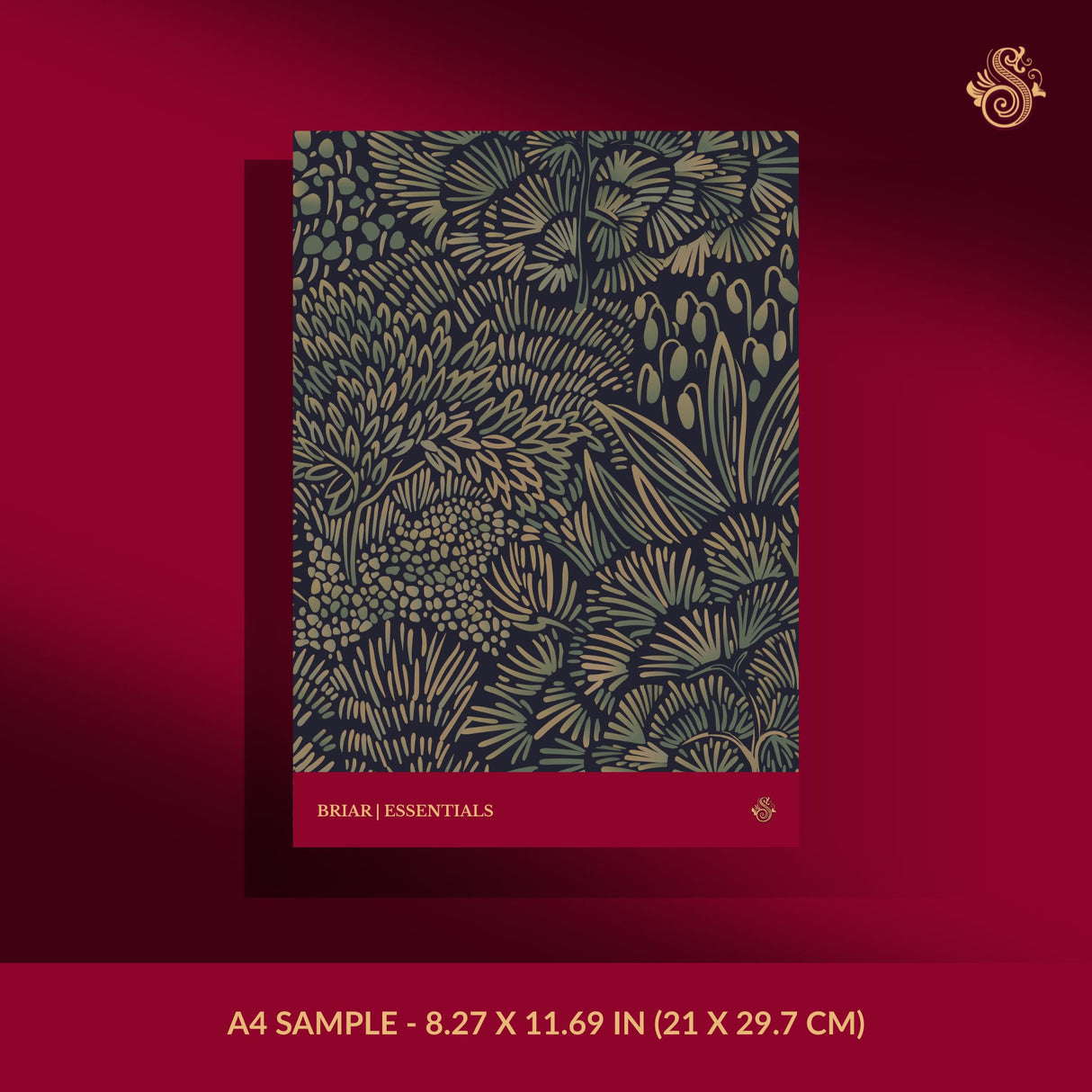 Dark blue and brown botanical wallpaper sample.