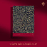Dark blue and brown botanical wallpaper sample.