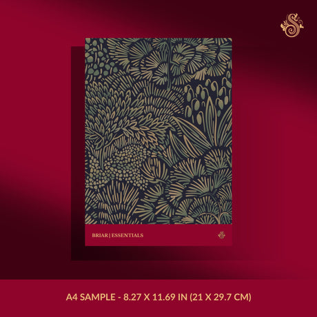 Dark blue and brown botanical wallpaper sample.