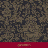 Brown damask wallpaper on a charcoal gray background.