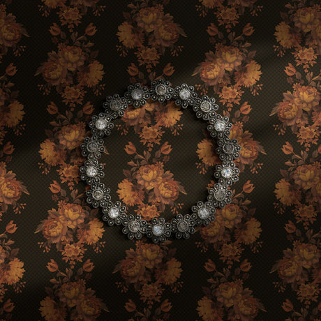 A moody vintage wallpaper with warm brown florals on a dark brown background.