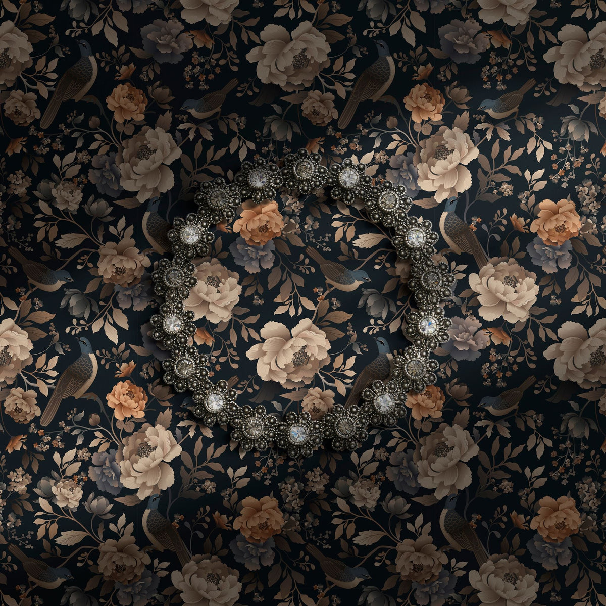 Dark moody gray and beige floral bird wallpaper.
