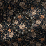 Dark moody gray and beige floral bird wallpaper.