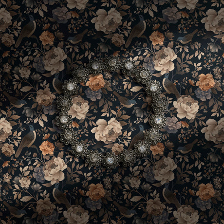 Dark moody gray and beige floral bird wallpaper.