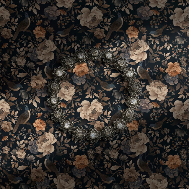 Dark moody gray and beige floral bird wallpaper.