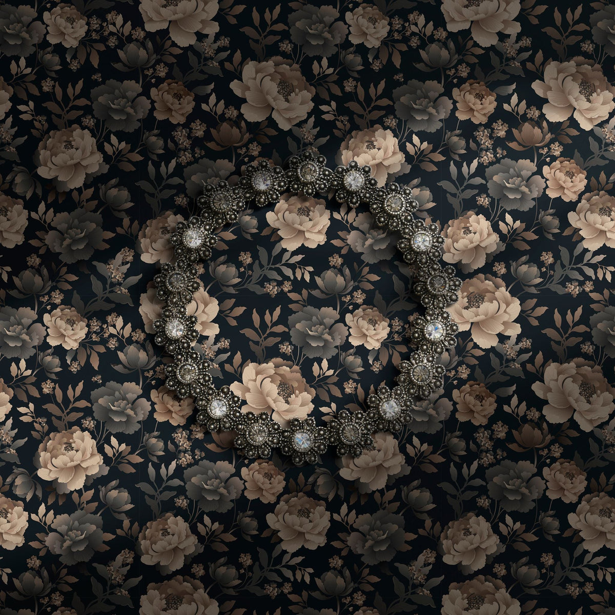A moody dark academia floral wallpaper with beige and gray flowers on a dark background.