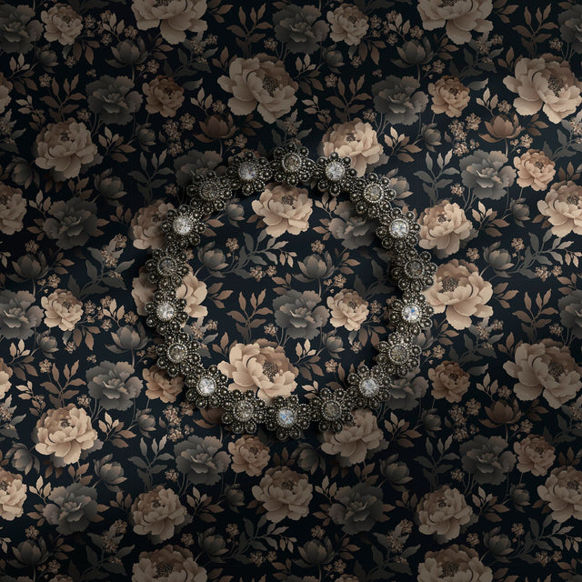A moody dark academia floral wallpaper with beige and gray flowers on a dark background.
