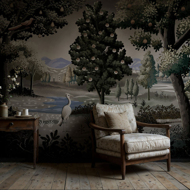 Wild Orchard | Moody Scenic Fruit Trees Landscape Wallpaper Mural Wallpaper Mural Sckribbles